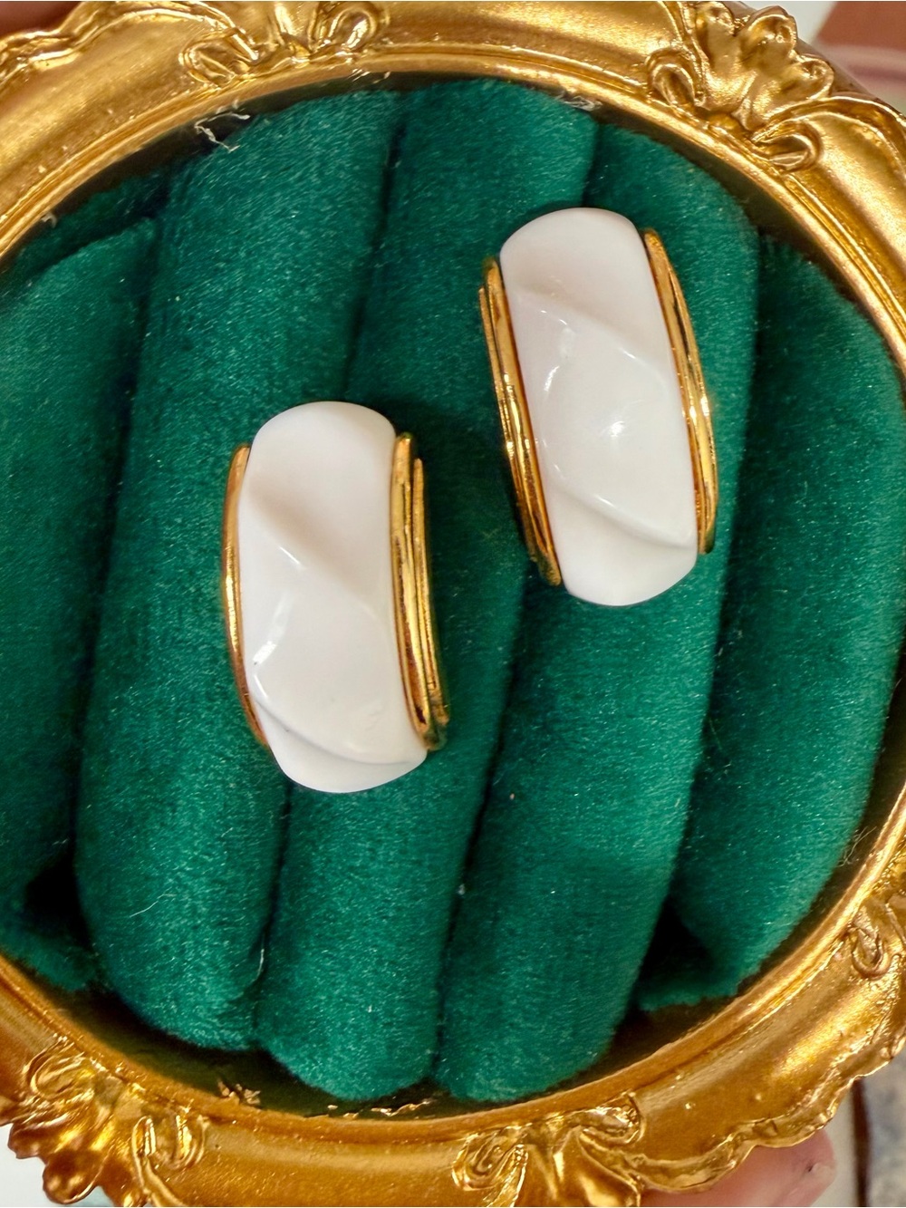 Avon White and Gold Curved Earrings